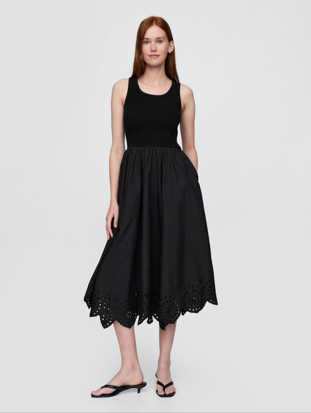NWT Gap Mixed Media Handkerchief Hem Eyelet Midi Dress Black Side Pockets XS